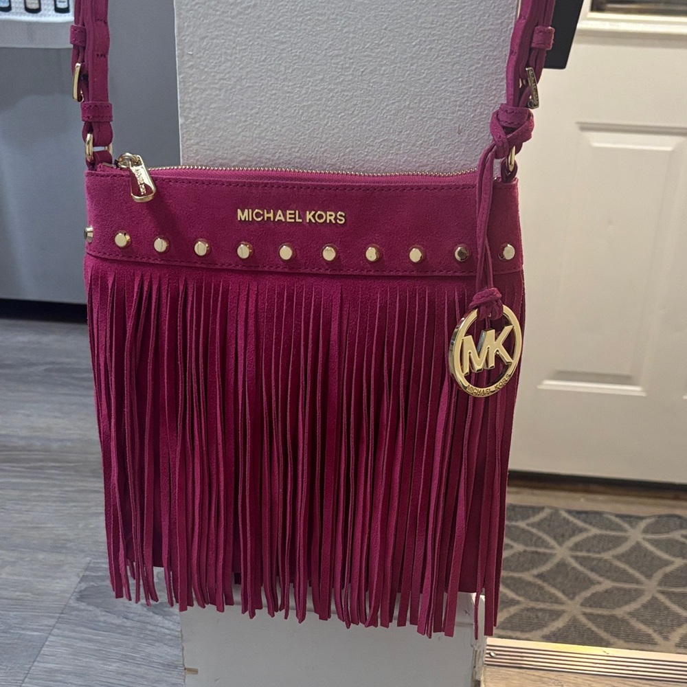 NWT Michael Kors raspberry suede Fringe messager Bag